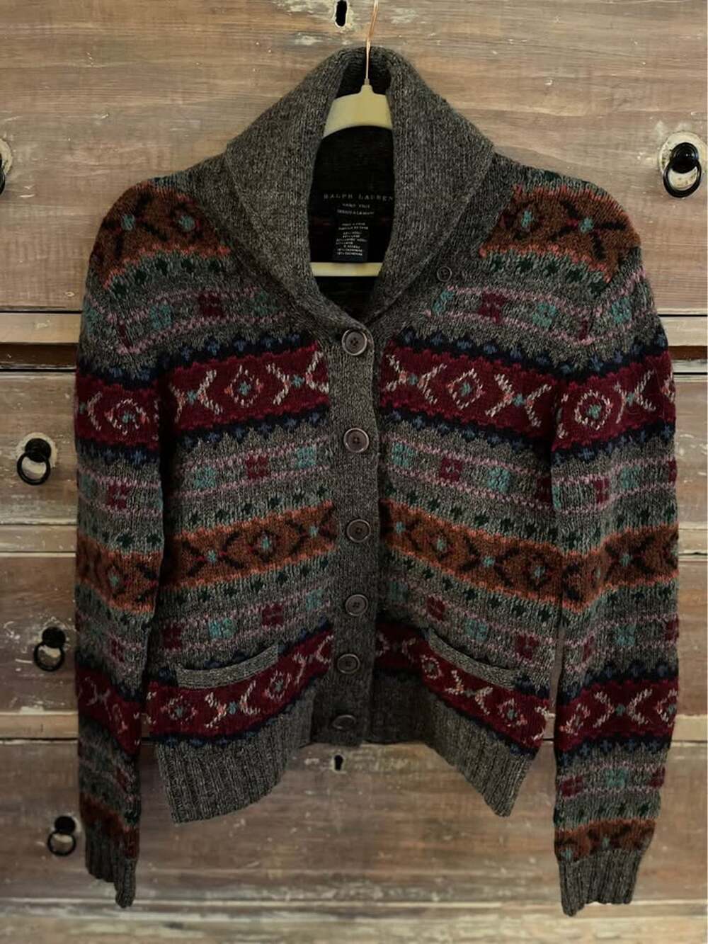Vintage Y2K 90s Ralph Lauren Hand Knit Fair Isle Cardigan Wool Cashmere Aztec